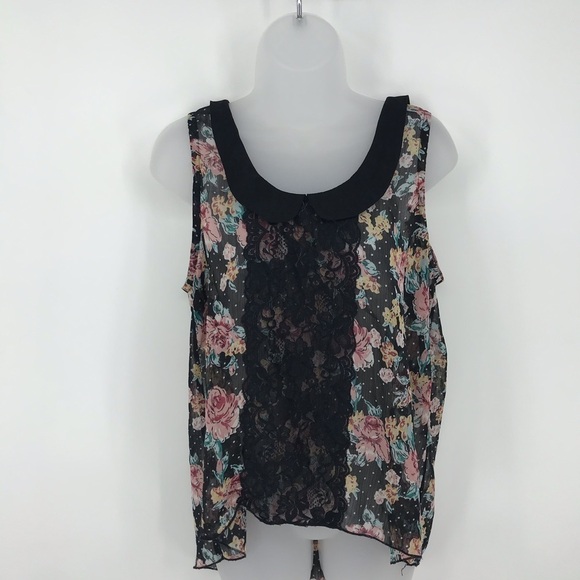 About a Girl Sheer Sleeveless Floral and Lace Top Black and Pink Size M - Picture 2 of 5